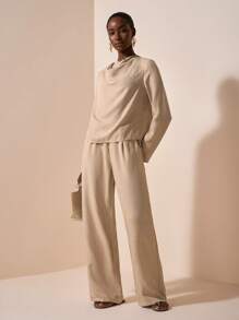 Zivah New Early Autumn Casual Elegant Daily Dating Commuting Party Intellectual Style Swing Collar High Collar Long Sleeve Loose Shirt + Straight Pants Jumpsuit Apricot Women's Two Pieces Suit-A - Apricot - View 7