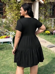 Solflare Black Short Sleeve Loose Fit Plus Size T-Shirt Dress,Spring Summer Clothes - Black - View 2