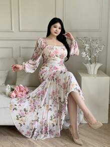Feyla Plus Size Women's Spring/Summer Vacation Style Floral Print Square Neck Lantern Sleeve Ruffled Fitted Mermaid Hem Dress - Multicolor - View 5