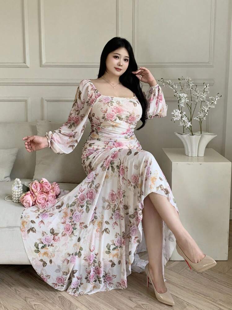 Feyla 大码女式春夏度假风格花卉印花方领灯笼袖荷叶边修身鱼尾下摆连衣裙 - 彩色 - 查看 5