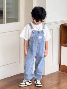 SHEIN Young Boy Fall And Winter Distressed Casual Everyday Style Korean Style Blue Denim Patch Decor Loose Fit Jeans Overalls Jumpsuit With Ankle Cuffs,For Boys Back To School And Streetwear Outfits, Kids Denim Jumpsuit, Kids Jeans Romper, Teenage Denim Overalls,Boy Kids Overalls - Light Wash - View 8