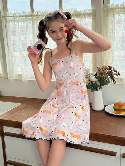 SHEIN 可爱小狗图案宽松无袖睡衣裙，适合少女