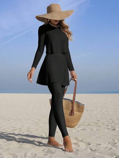 Swim Mulvari Swim Shayni Women 2 Piece Solid Round Neck Long Sleeve Layered Dress With Full Coverage Pants, Suits For Beach Vacation For Summer