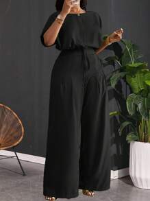 Slaydiva 2pcs Plus Size Women Set,Black,Autumn,Smart Casual,Everyday Loose Drop Shoulder Crop Top,Drawstring Hem,Wide Leg Pants With Pockets,Business Casual - Black - View 2