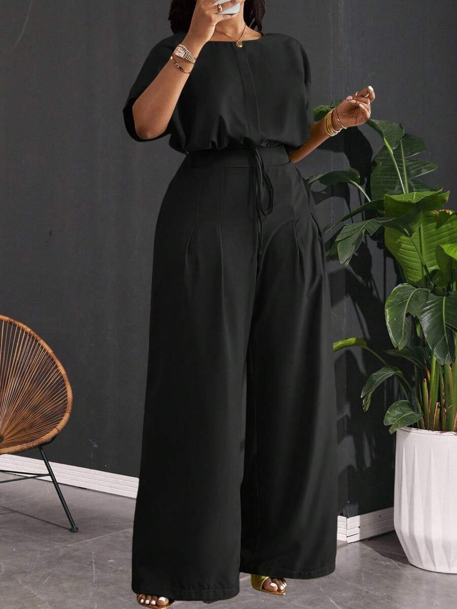 Slaydiva 2pcs Plus Size Women Set,Black,Autumn,Smart Casual,Everyday Loose Drop Shoulder Crop Top,Drawstring Hem,Wide Leg Pants With Pockets,Business Casual