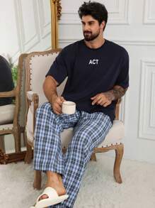 DAZY 男士字母印花T恤和配套休闲家居服套装、春夏睡衣 - 彩色 - 查看 6