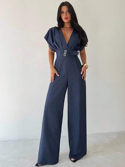 Firerie New Elegant Navy Blue V-Neck Double Button Wide Leg Jumpsuit, Chic Commute Jumpsuit, Fashion Jumpsuit, Spring/Summer Clothing, Commute, Elegant, Sexy, Holiday, Bohemian, Work Outfit, Teacher's Day