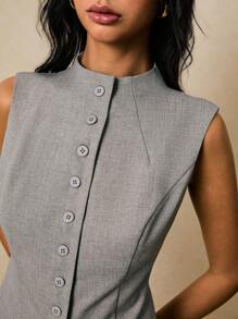 Poéselle 2 件女士夏季休闲通勤套装：纯色纽扣前背心和迷你裙 - 灰色 - 查看 5