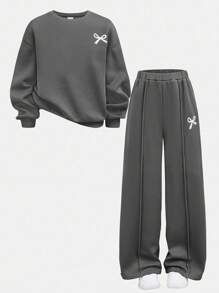 Tween Girls Casual Bow Print Knit Solid Color Loose Dropped Shoulder Long Sleeve Hoody And Wide Leg Sweatpants Set Teen Girls Clothing Sets Teen Sweatsuit Set Girls 2 Piece Outfits Tween Girls Sweatsuit Set Sweat Sets For Tweens Fall Winter - Grey - View 15