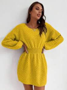SHEIN LUNE Vestido casual de punto de cuello redondo, hombros caídos, manga larga y cintura ajustada de unicolor para mujer - Amarillo - Ver 4