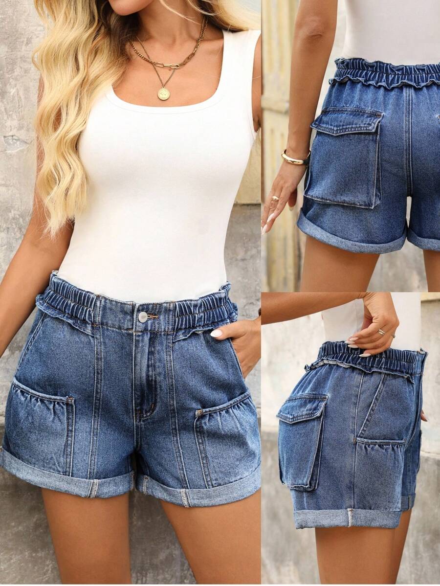 EMERY ROSE Women's Casual Elastic Waist Rolled Hem Washed Denim Shorts, Summer