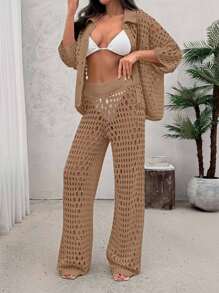 EURMUSE Women Hollow Out Cut Out Button Front Knit Shirt Top And Sweater Pant 2pcs Set Co-Ords Cover Up Beach Set - Camel - View 5