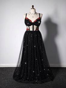 Viva Relle Damen Große Größen symmetrisches Blumen Große Größen Swing Trägerkleid - Schwarz - Übersicht 3