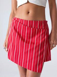 LYSMO 简约红色条纹裙，校园制服，舒适休闲，通勤百搭女士短裙 - 紅色 - 查看 5