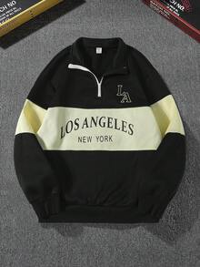 SHEIN Áo nỉ cổ đứng in họa tiết khối màu dành cho nam thiếu niên, phong cách thường ngày, thoải mái, đa năng, chất liệu mềm mại, phù hợp cho mặc hàng ngày, đi học, du lịch, thể thao ngoài trời. Áo nỉ Los Angeles, áo nỉ kéo khóa cổ ¼, áo nỉ mùa thu và mùa đông. - Nhiều màu - Xem 1