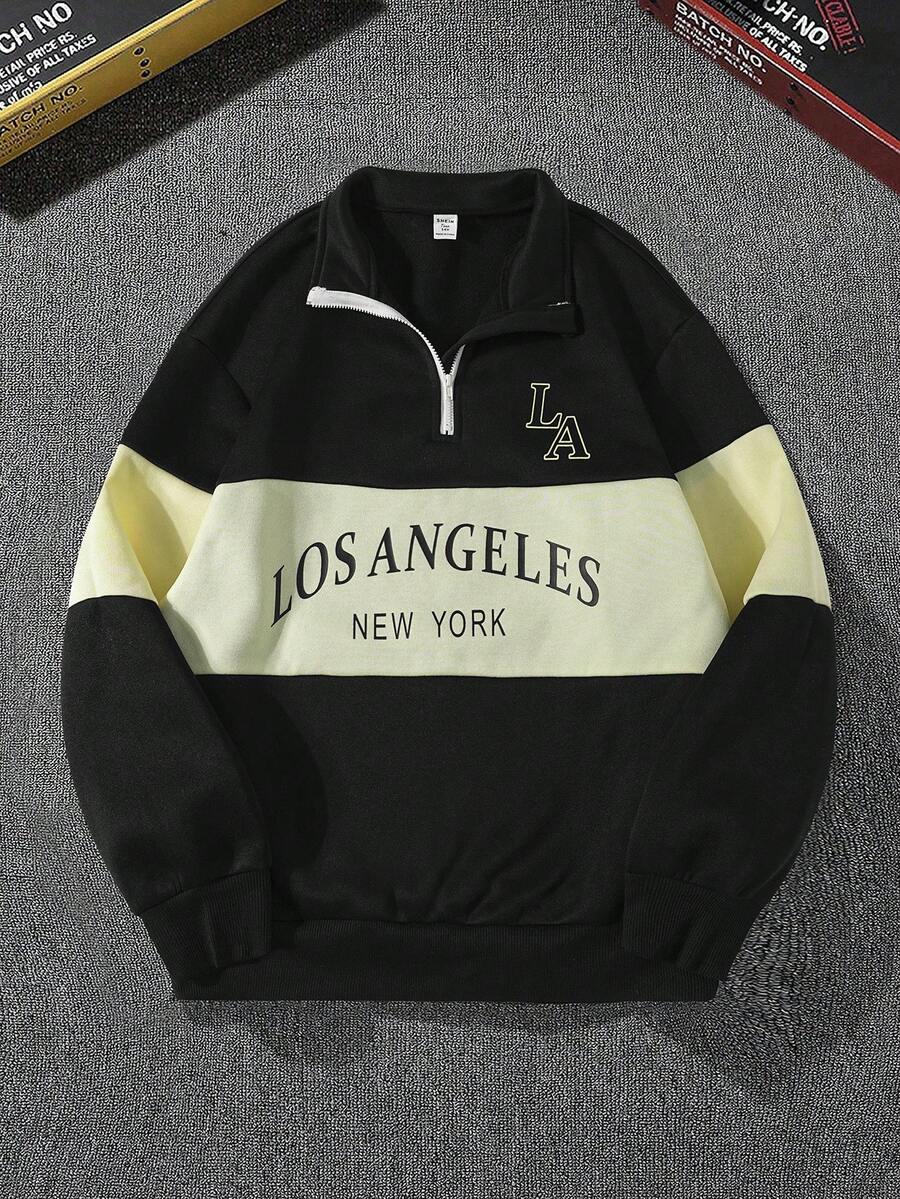 SHEIN Áo nỉ cổ đứng in họa tiết khối màu dành cho nam thiếu niên, phong cách thường ngày, thoải mái, đa năng, chất liệu mềm mại, phù hợp cho mặc hàng ngày, đi học, du lịch, thể thao ngoài trời. Áo nỉ Los Angeles, áo nỉ kéo khóa cổ ¼, áo nỉ mùa thu và mùa đông. - Nhiều màu - Xem 1