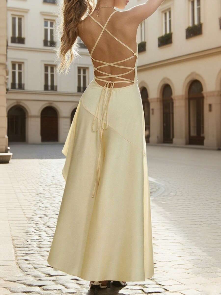 Siren Gaze Women Backless Tie Spaghetti Strap Flouncing Side Slit Satin Dress,Pale Yellow,Summer,Seductive,Vacation,Holiday,Champagne Evening Gown Party Dress - Light Yellow - View 1