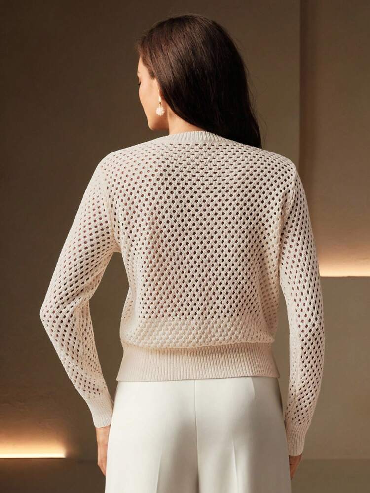 Suéter elegante y digno de estilo francés con bordado floral ornamentado y calado en el cuello, jersey de punto de otoño/invierno