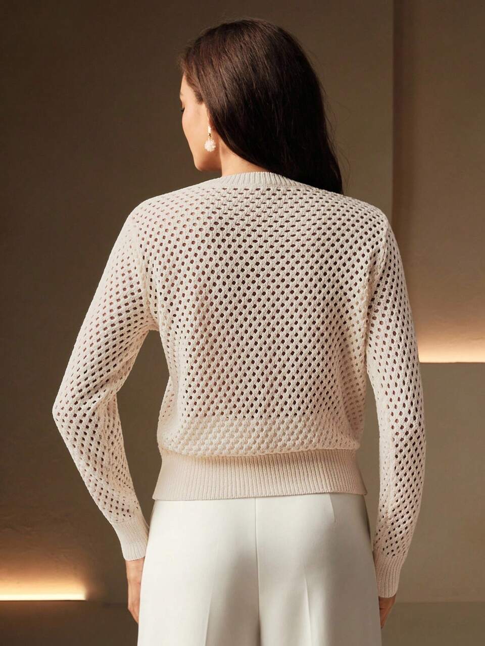 French Elegant Dignified Ornate Floral Embroidery Hollow Out Crew Neck Sweater, Autumn/Winter Knit Pullover Fall