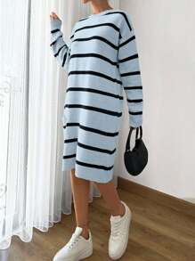 SHEIN Cottnline Women Striped Knit Design Knit Dress With Pocket And Button Details,Petite - Blue - View 6