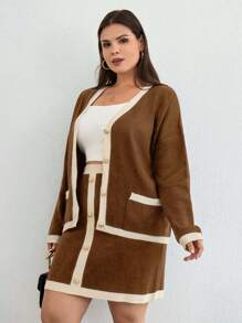 EURMUSE Contrast Trim Drop Shoulder Cardigan & Knit Skirt - Camel - View 5