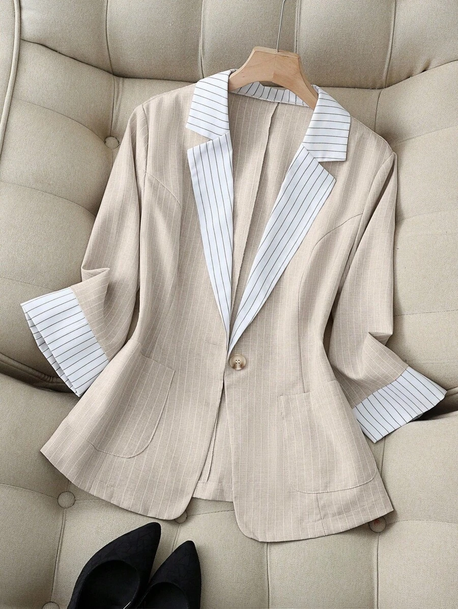 Franclia Chaqueta estilo blazer ajustada de lino beige con rayas, cuello con contraste y un solo botón, versátil para uso casual, oficina y commuting. Nueva ropa de mujer casual de primavera/otoño para el trabajo