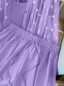 3 件套大码女式镂空刺绣透明衬衫、吊带背心和短裤，优雅休闲，适合夏季 - 彩色 - 查看 4
