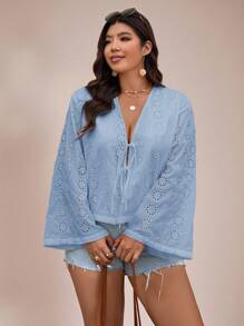 SHEIN VCAY 女士大码休闲纯色梭织宽松系带长袖衬衫 - 淺藍色 - 查看 5