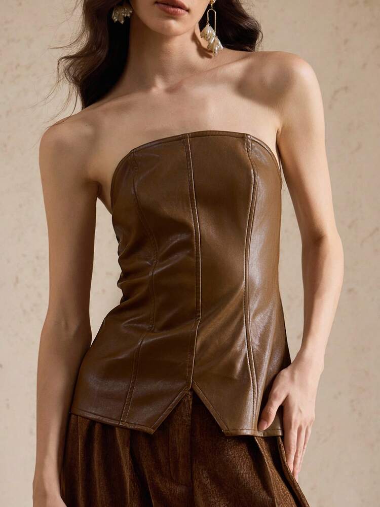 Briarwyn 女士夏季时尚复古纯色抹胸上衣、秋季女装、返校季、复古风、皮革抹胸上衣、派对女装、商务休闲女装 - 棕色 - 查看 2