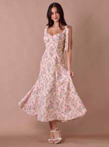 Enchnt Váy dài công chúa in họa tiết hoa cẩm tú cầu màu hồng pastel lãng mạn dành cho nữ mùa hè, cổ thắt nơ, dây đeo vai - Nhiều màu - Xem 1