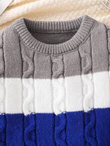 1 件年轻男孩休闲舒适时尚简约实用百搭扭纹拼色圆领毛衣，适合男孩毛衣、毛衣、学校、返校、男孩、日常穿着，适合秋冬季 - 藍色 - 查看 5