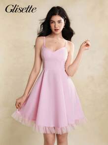 少女连衣裙，蝴蝶结装饰迷你吊带裙，腰部收褶方领，适合度假、户外、学校、春夏季 - 粉色 - 查看 5