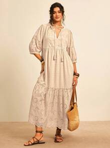 Freevana Đầm suông rộng rãi thường ngày thêu tay đèn lồng tua rua cho nữ cỡ lớn đi nghỉ mát Burnout - Màu Khaki - Xem 7