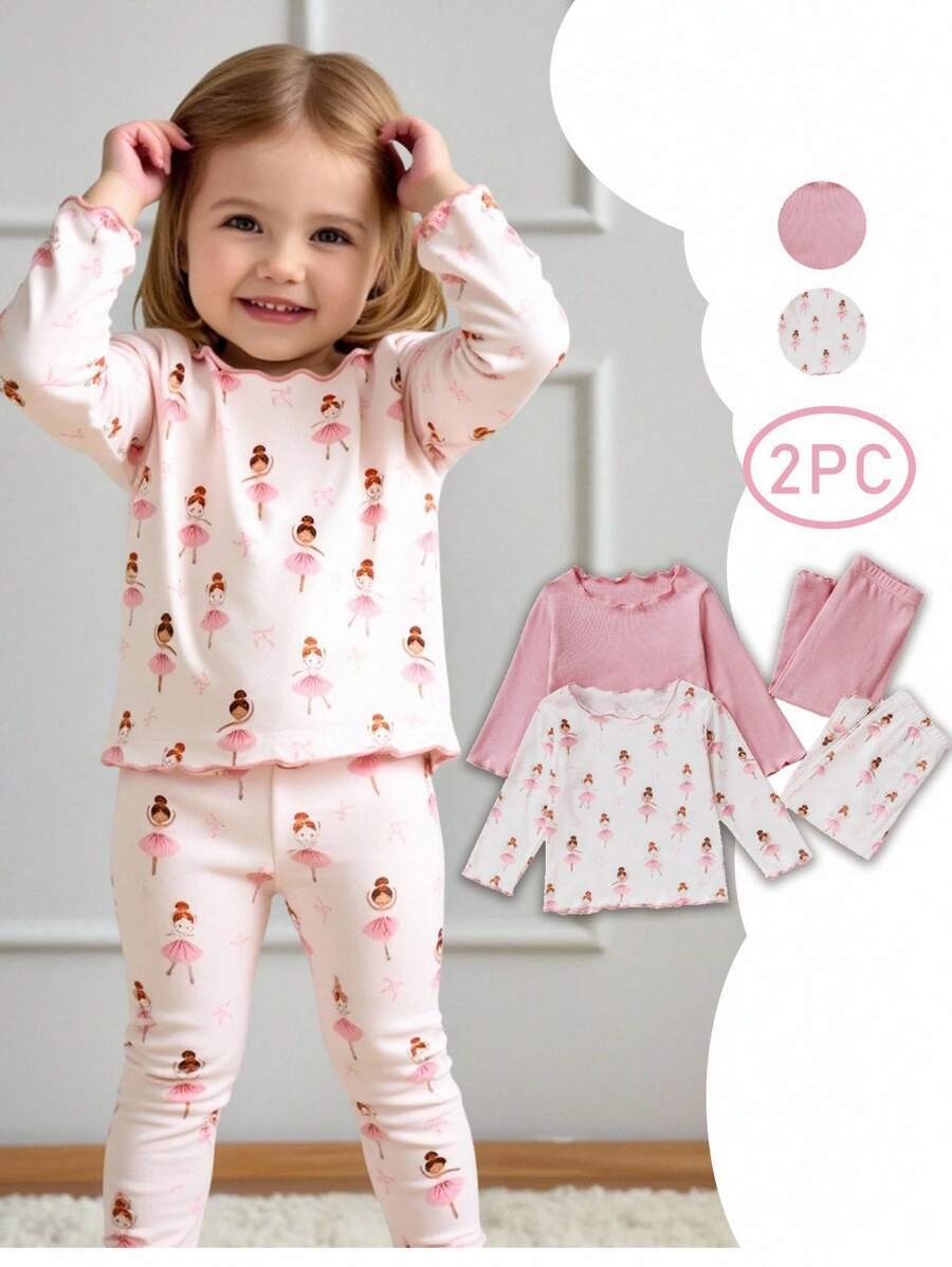 SHEIN 4 件套女婴休闲可爱芭蕾女孩图案粉色 2 件长袖上衣 + 2 件裤子套装，秋冬 - 彩色 - 查看 1