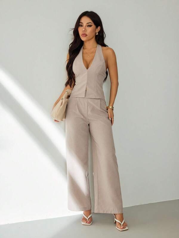 SHEIN PETITE New Spring And Summer Styles For Daily Use, Elegant And Fashionable, Commuting, Casual And Versatile, Light Luxury, Old Money Style, Waisted, Linen Color, Solid Color, Halter Neck, Backless, Open-Front Vest, Vest & High Waist, Pleated Wide-Leg Trousers, Two Pieces Commuting Suit Set