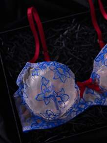 SHEIN 5pcs Women Sexy Lingerie Set: Embroidered Underwire Bra, Embroidered Corset With Garter Belt, Puff Skirt, Leg Rings, Thong - Multicolor - View 3