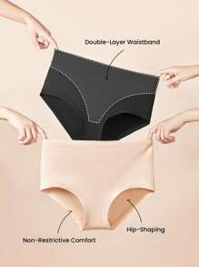 LUVLETTE Set de 2 chiloți aerisiți din bumbac, talie înaltă, control al abdomenului, lenjerie intimă simplă pentru femei, chiloți negri, chiloți nud