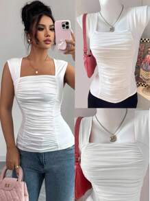 Chiquease 女式纯色领口短款紧身无袖背心 - 白色 - 查看 3