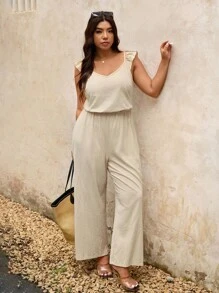Elaquor Plus Size Solid Color Backless Jumpsuit, Casual Holiday Style - Apricot - View 3