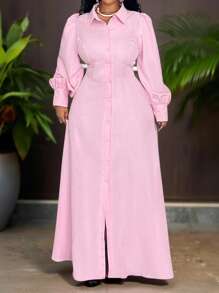 Veslaya Đầm dài dáng suông thanh lịch, màu trơn, tay cánh hoa, cài cúc phía trước, dành cho người có thân hình đầy đặn, thích hợp - Hồng - Xem 13