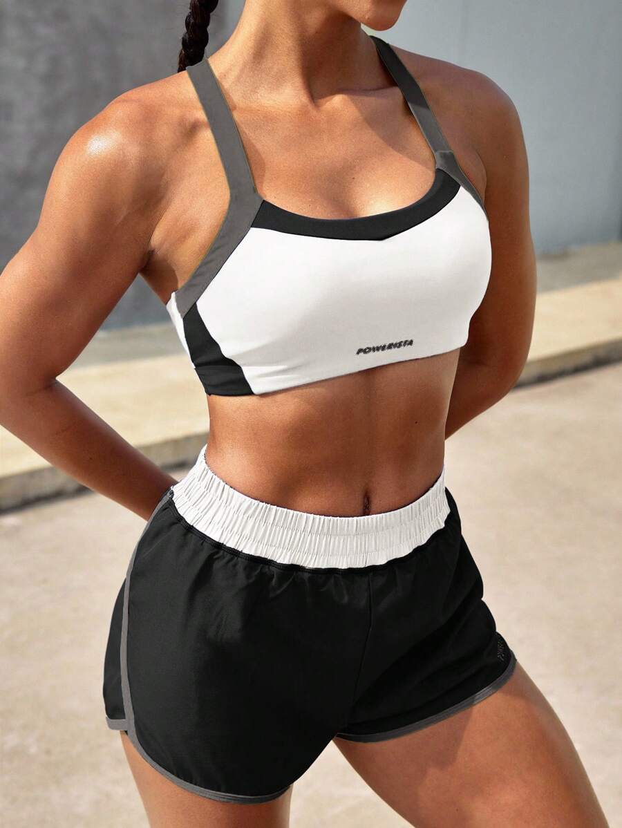 Powerista Conjunto deportivo de top corto de tirantes con estampado de letras y contraste de color, y shorts para mujer
