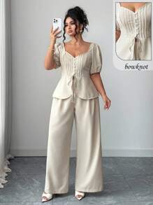 Elenzga Plus Size Fashionable Casual French Retro Elegant Commute Bowknot Puff Sleeve Blouse And Pants 2 Piece Set