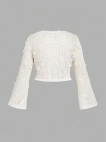 SHEIN MOD Plus Size Women's Solid Color V-Neck Elegant Flare Sleeve Top, White Mesh Top, See Through Top, Lace Blouse,Vacation Outfits Woman,Beach Vacation Wear,Tea Party, Crochet Tops For Women, Lace Tops For Women