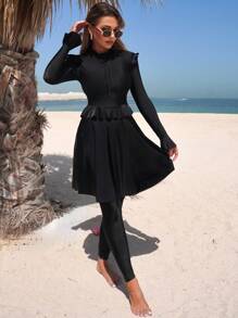 Swim Mulvari Solid Color Elegant Vacation Women's Burkini Swimsuit Set For Summer