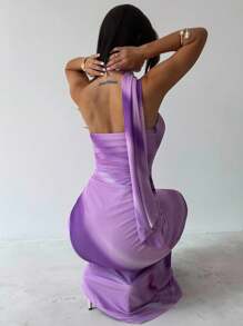 Firerie 新款优雅不对称肩部蝴蝶结紫色渐变网眼连衣裙/薰衣草紫色裙子/露肩挂脖蝴蝶结裙/校服/乡村风女装/休闲度假连衣裙/波西米亚风女装 - 彩色 - 查看 6