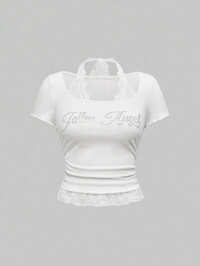 Grunge Punk Camiseta ajustada de mujer con cuello cuadrado, con estampado de letras, adornada con strass y combinación de encaje