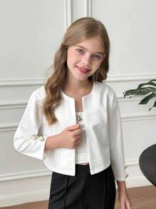 SHEIN Serisse Kids Chaqueta de punto corta de color blanco sólido con botones metálicos, de estilo informal y de diario para niña preadolescente - Blanco - Ver 6