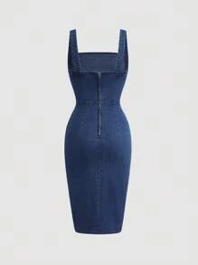 SHEIN MOD Women's Square Neck Pleated Fitted Denim Sleeveless Dress - Dark Wash - View 2