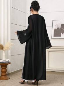 Veilorie 女士优雅水晶装饰喇叭袖阿拉伯长袍 - 黑色 - 查看 7