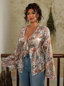 SHEIN VCAY 大码女式前系带印花喇叭袖上衣，秋季休闲衬衫 - 彩色 - 查看 5
